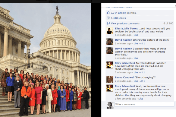 Photo from MissRepresentation Facebook page, captioned as "The 113th Congress, officially sworn in today, is the most diverse in American history - including a record-breaking number of women."